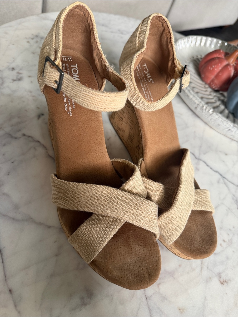 TOMS Natural Canvas Crisscross Wedge Sandals 11